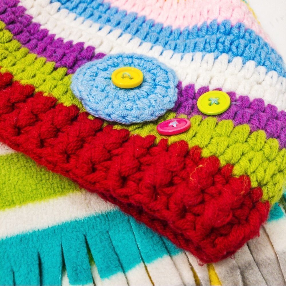 Rainbow Striped Set: Hand Knit Beanie & Old Navy Fleece Scarf - Picture 5 of 11
